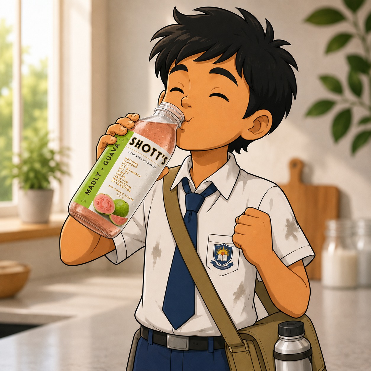 Indian school boy with water bottle - childhood monsoon nostalgia